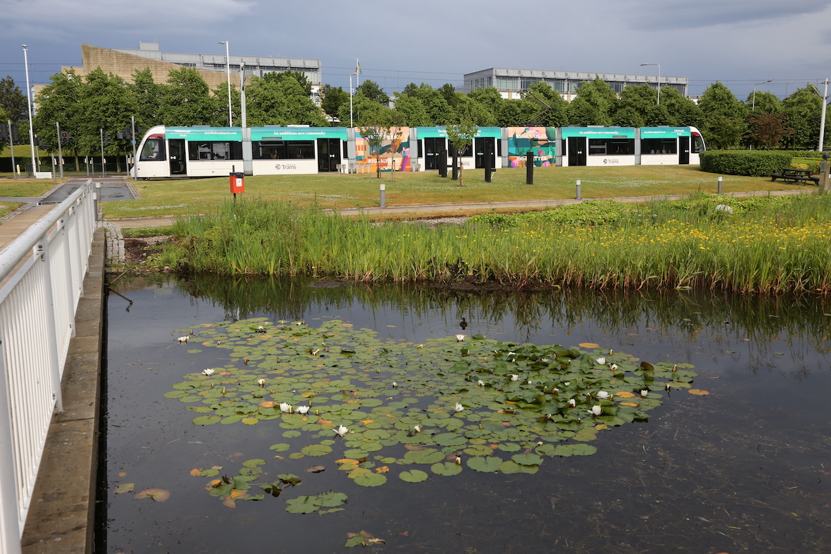 Edinburgh Park Central 
Edinburgh Tram's spacious station, complete with  surrounding water lily pond
