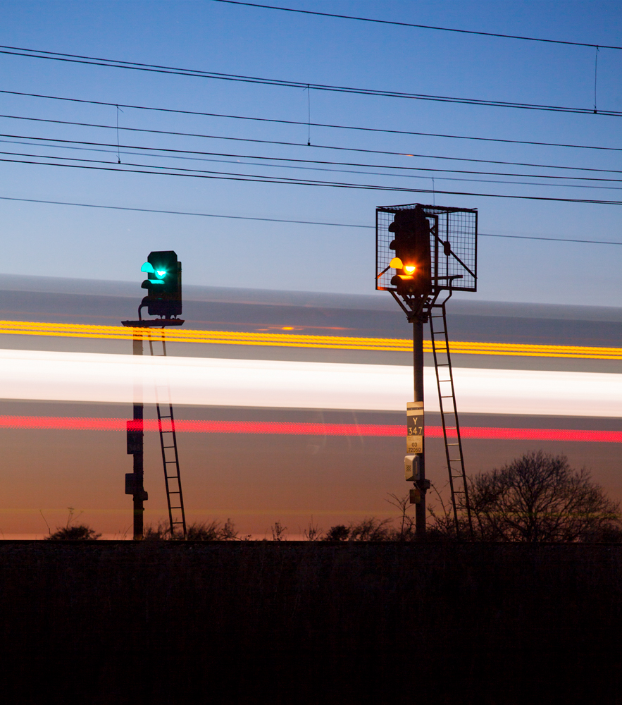 Mixed aspects
Lumo class 803 passing signals north of York on the east coast mainline
