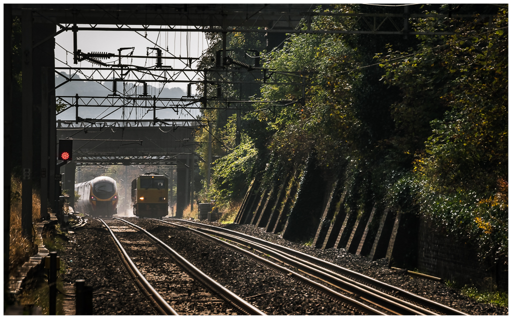 In Hope....
of the day I see something other than an MPV on the Sunday leaf blower on the Stour Valley Line - a Virgin Class 390 `Pendolino' heads down the bank towards Bloomfield Junction with an ECS service from Oxley to Birmingham New Street as an MPV climbs towards Coseley Station.

