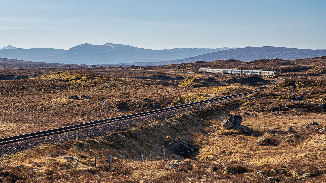 Sleepy Corner
The West Highland sleeper from London Euston to Fort William makes its way towards Corrour summit in glorious early morning light with GBRf Class 66/7 No. 66739 'Bluebell Railway' and Class 73 No. 73968 up front on the morning of 19th April 2023. 
