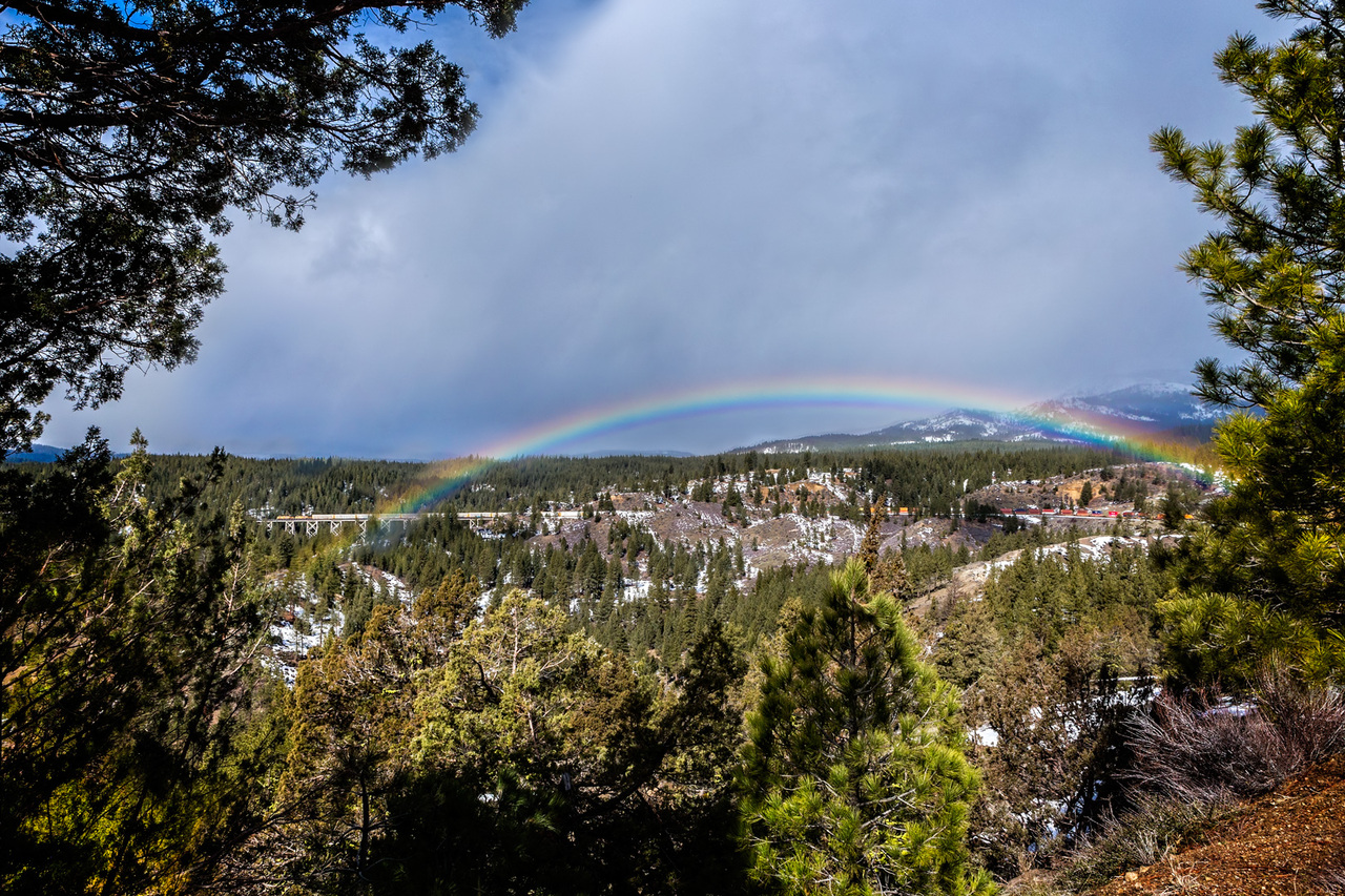 Somewhere Under the Rainbow
In eastern part of the Feather River Canyon in northern California, a westbound UP RR autorack train crosses over one of the large trestles during a brief break in the cloud cover.
