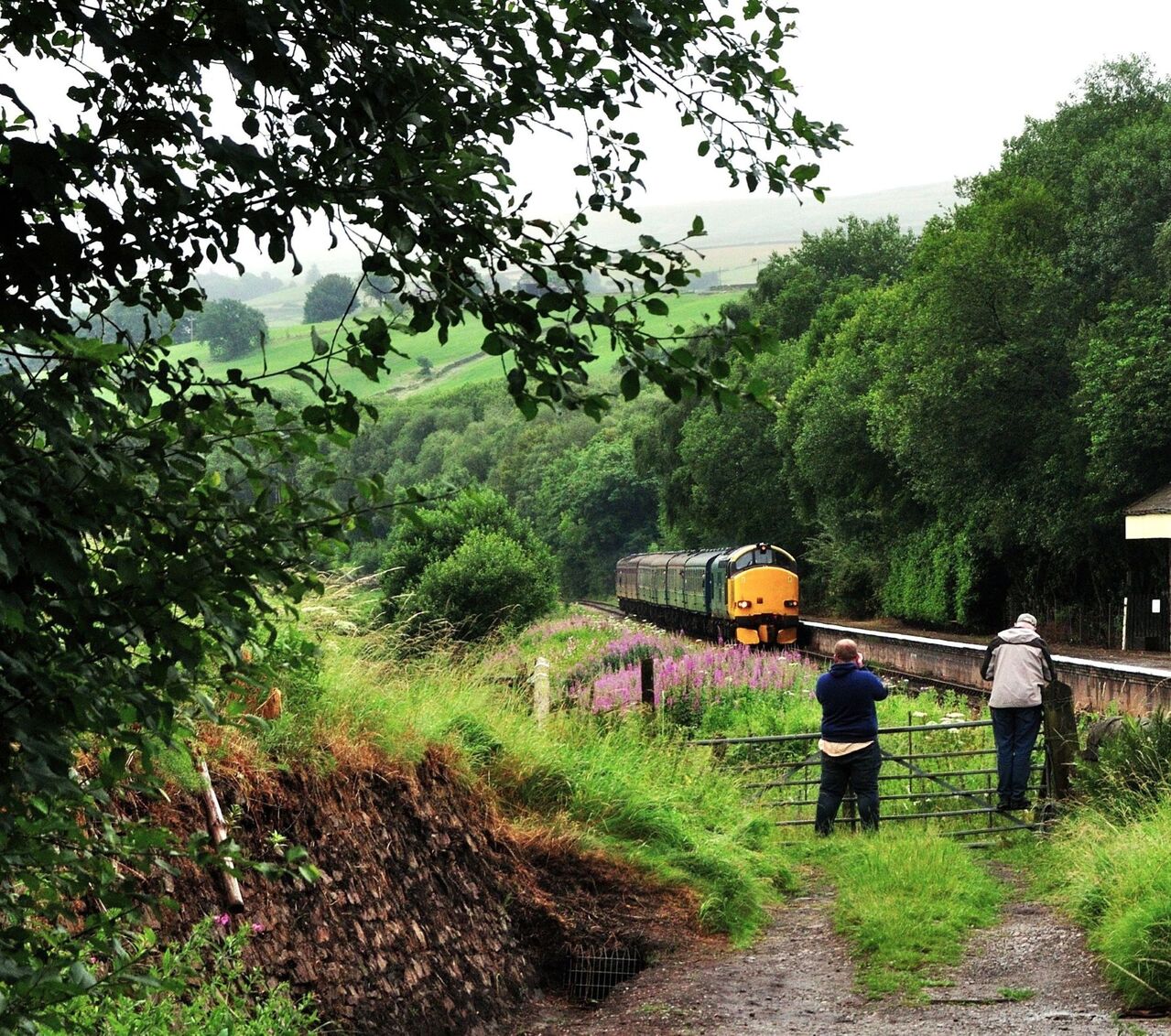 Tractor Spotting
In drizzly and miserable conditions, the first train of the day arrives at Irwell Vale behind 37610, during the East Lancashire Railway summer diesel gala. A couple of early-bird photographers capture the moment.
Keywords: Class37; ELR; IrwellVale
