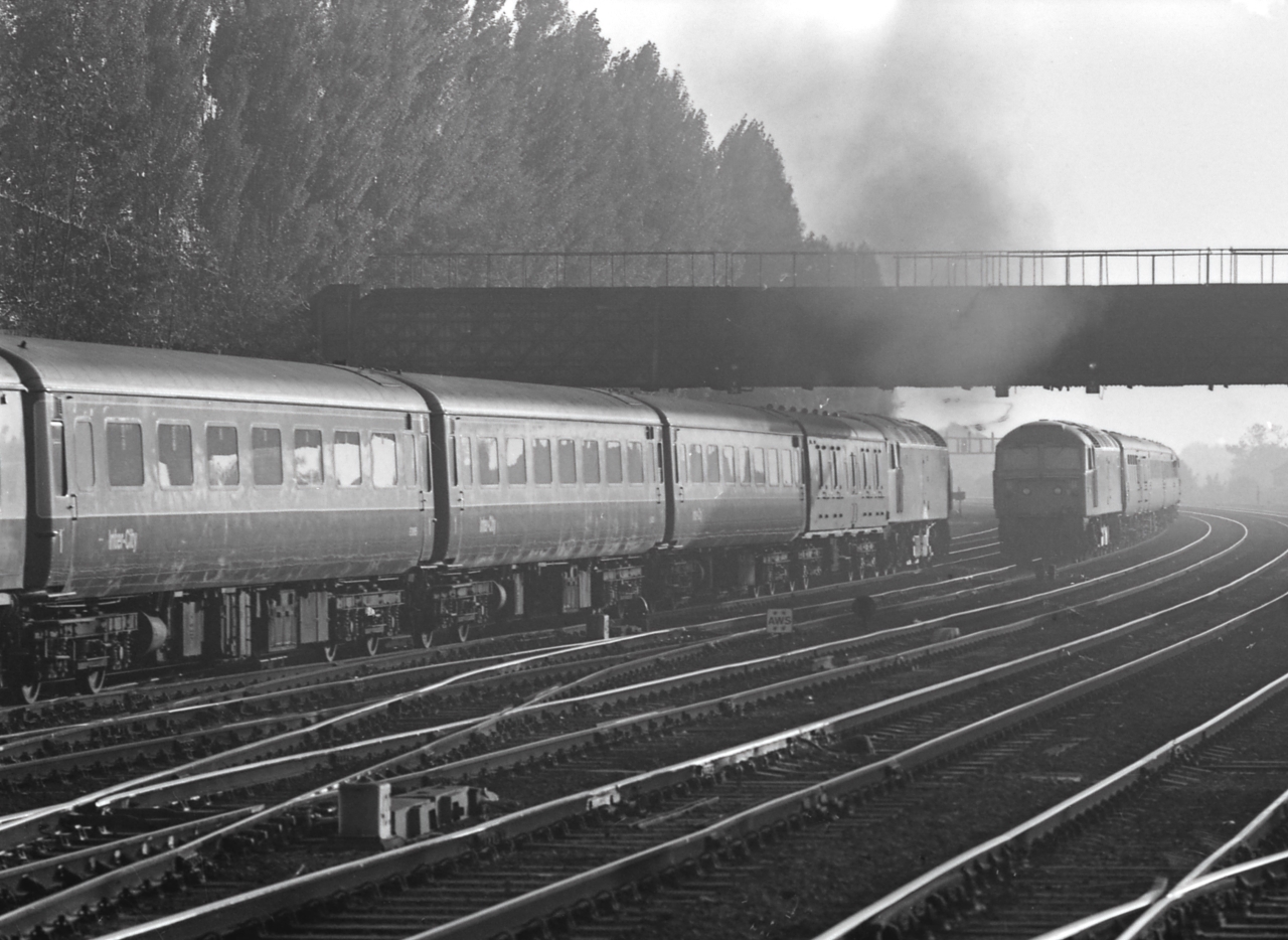 A meeting south of York
Class 47s northbound and southbound from and to Kings Cross meeting just south of York. Judging by the fumes emanating from it, it looks as though the northbound 47 was recovering from a signal check or stop.
Keywords: Class 47;York;Kings Cross