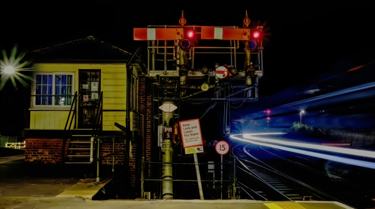 PR 5
With the imminent demise of the beautiful Cornish semaphore signals at Par some of the 1Z10 railway photographers arrived to record for posterity a selection of the fine array.
My personal tribute to the beautiful bracket signal know as PR5 shows the box ,the bracket and a 150 passing with a train off the Newquay branch.
These signals have been here as long as i have been on the planet and longer.
